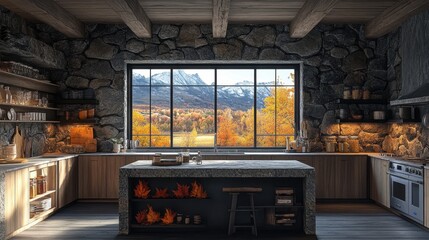 Cozy stone kitchen with a stunning mountain view and autumn colors in the background, inviting warmth and creativity