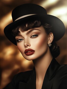 Sehr attraktive junge Frau mit rot geschminkten Lippen und dunklen lockigem Haar tr&auml;gt einen schwarzen Hut und ein elegantes schwarzes Jacket