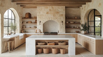 Elegant rustic kitchen featuring stone walls, wooden shelves, and natural light in a serene countryside setting