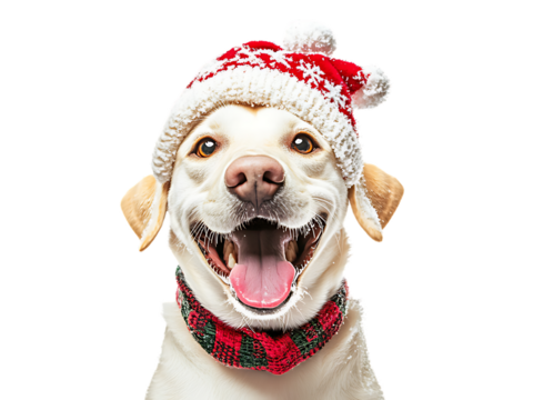Close-up Labrador Retriever Dog in Christmas Day Festival wearing Santa snow hat lying down with a happy isolated on transparent background PNG