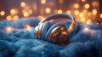 Fototapeta premium Golden headphones rest atop a plush blue cushion, illuminated by dreamy bokeh lights, evoking a sense of elegance and calm.