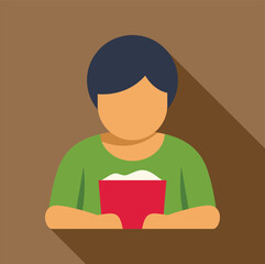 Boy enjoying popcorn while watching a film at the movie theatre, simple flat design illustration with long shadow