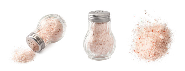 Salt shaker and heap of Himalayan salt isolated. Pink salt on white background.