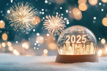Illuminated 2025 snow globe with cityscape and festive fireworks lighting up the night