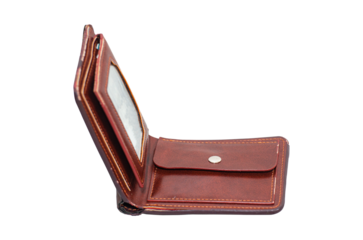 brown leather wallet  isolated on transparent background, top view , flat lay.