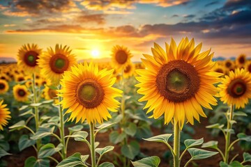 Fototapeta premium Vibrant sunflowers stand tall in a field of golden hues with dark centers and sturdy stems, outdoor scenes, blooming flowers