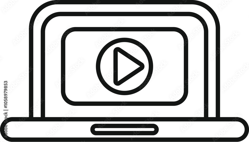 Poster streaming video content online using laptop computer with play button symbol indicating playback