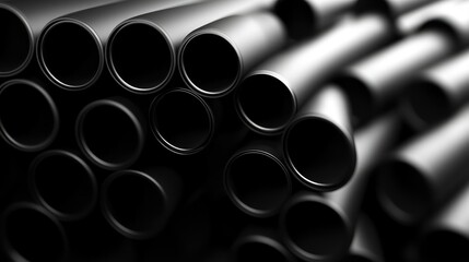 Pile of black HDPE pipes arranged in a neat stack, ready for industrial use in gas and water systems