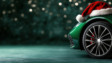 Fototapeta premium Celebrate the season with a stylish car wearing a Christmas hat against a green backdrop!