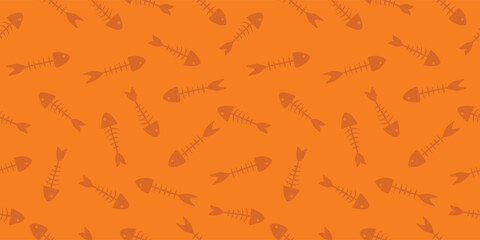 Seamless pattern of fish bones skeleton. Fish bone motif silhouette vector illustration on a orange background