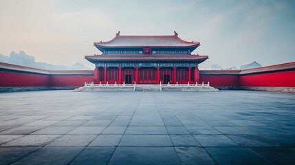 Traditional Chinese Architecture with Platform, Road, and Parking Area on Brick Surface for Automotive Advertisement Featuring Blank Background