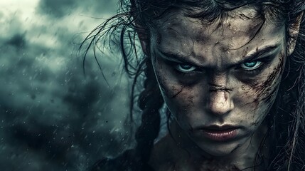 Fierce and Determined Warrior Woman in Stormy Battlefield Setting