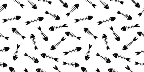 Seamless pattern of fish bones skeleton. Fish bone motif silhouette vector illustration on a white background