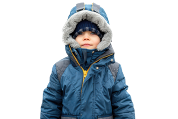 Child wearing winter clothes standing in falling snow with transparent background