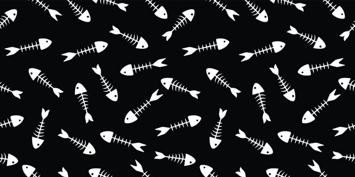 Seamless pattern of fish bones skeleton. Fish bone motif silhouette vector illustration on a black background