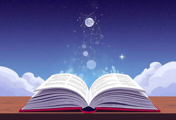 An open book in a surreal style creating an atmosphere of unimaginable fantasy