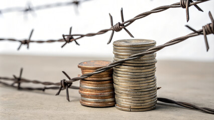 stack of coins secured by barbed wire, symbolizing financial struggle