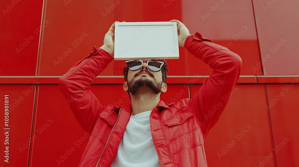 Poster man holding empty white frame against red background