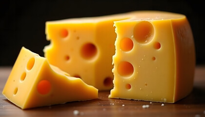 Delicious yellow cheese piece with holes on wooden board for culinary dishes and snacks
