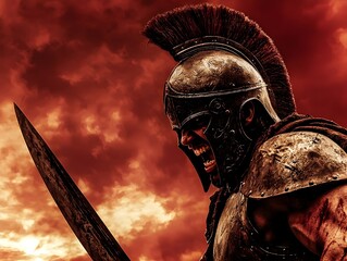 Fierce Spartan Warrior Ready to Charge into Epic Battle Under Blood Red Sky
