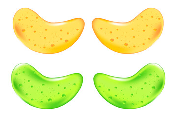 Beauty clear green, yellow hydrogel eye patches with glowing gel texture isolated, transparent background. Korean lifting face mask icon, cosmetic product for spa, moisturising, skin care treatment.