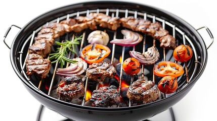 A close-up of a black charcoal grill with meat, tomatoes, onions, and peppers cooking over hot coals.