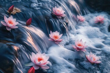 Pink Water Lilies Floating on a Rushing Stream