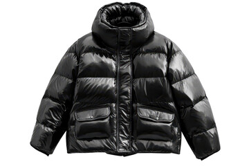 Shiny black padded winter jacket isolated on transparent background