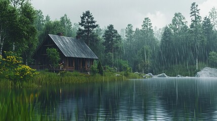 Obraz premium Cozy cabin retreat in a rainy forest by a serene lake