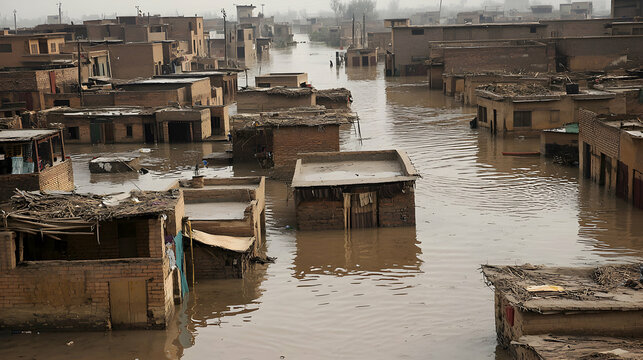 Submerged Village Under Floodwaters and Muddy Conditions
