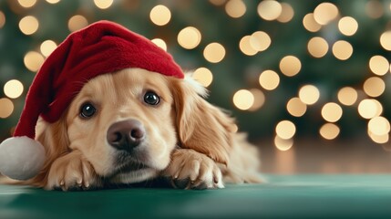 Adorable puppy in a festive hat, ready for Christmas and New Year celebrations!