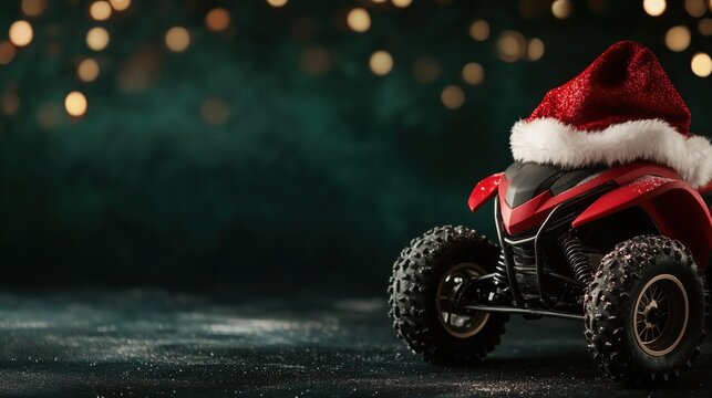 Celebrate the season with a festive quad bike wearing a holiday hat against a vibrant backdrop
