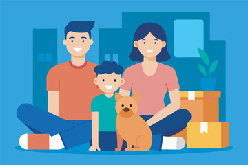 A happy family with a son and pet dog is shown in a cozy setting amid moving, surrounded by boxes. They smile at the camera, creating a warm and casual atmosphere with a hint of urban living.