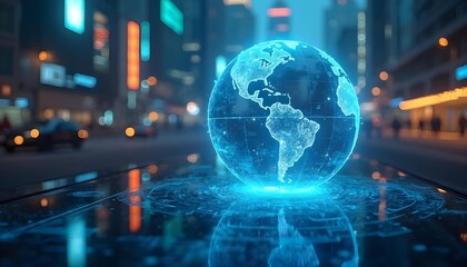 Luminous blue holographic globe, digital and technological interface elements