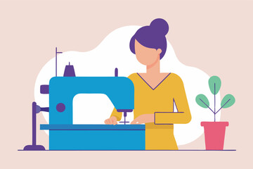 Fototapeta premium Flat design illustration: woman at a sewing machine in a grey background, focused on sewing. A green plant adds vibrancy to the busy scene.