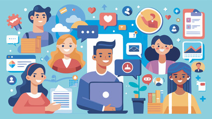 A vibrant collage shows six diverse people engaged in activities, centered around a person laughing and using a laptop. The image conveys online communication