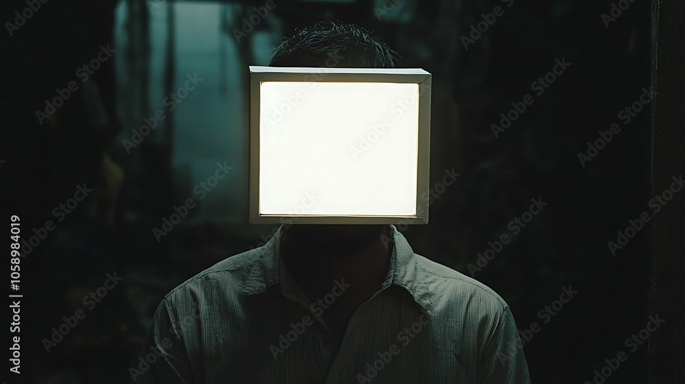 Poster man with a light box head in a dark environment