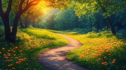 Fototapeta premium Sunny Path Through a Flower Field