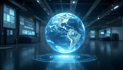 Luminous blue holographic globe, digital and technological interface elements