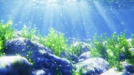 Fototapeta premium Sunlight filtering through turquoise water to the rocky ocean floor, creating a serene underwater scene. Concept: tranquility, nature's beauty.