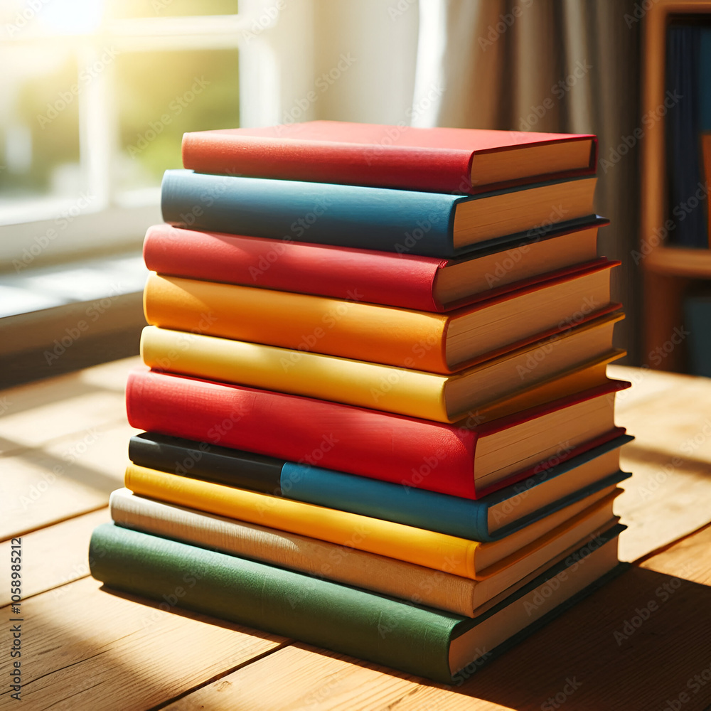 Aufkleber stack of books lying on the table in a shiny room