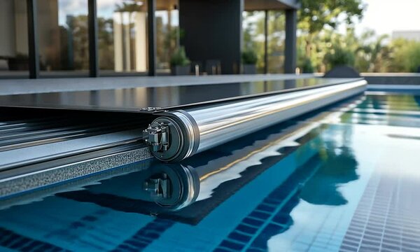 A close-up of a pool cover mechanism beside a tranquil swimming pool.
