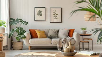 Modern living room interior with furniture, plants, and decor. Home staging template with copy space.