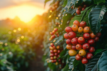Coffee plant with ripe beans ready to harvest in a farm in the morning.