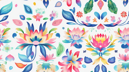 Seamless tileable symmetrical patterns with lush stylized lotus flowers