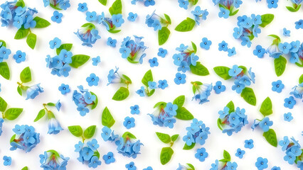 Fototapeta premium A repeating pattern of tiny blue forget-me-nots with delicate green leaves, arranged closely on a white background for a cheerful textile print. 