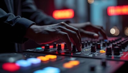 Close up of the hand operating the mixing console with colorful lights