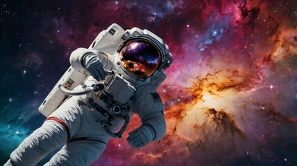 Obraz premium Astronaut floating in space near a colorful nebula with distant stars twinkling in the background. Exploring space. Space tourism. Futuristic exploration. Settling other worlds and space. 