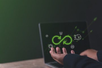 Using Smartphones and Laptops, Businesspeople Navigate Resource Management and Analytics, Focusing on Environmental Impact and Digital Tools for Smarter, Sustainable Operations