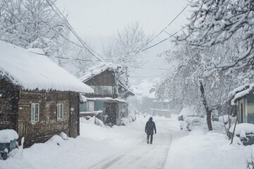 A person strolls along a snow-laden street in a quaint village surrounded by houses draped in heavy snow. The serene winter atmosphere is captivating